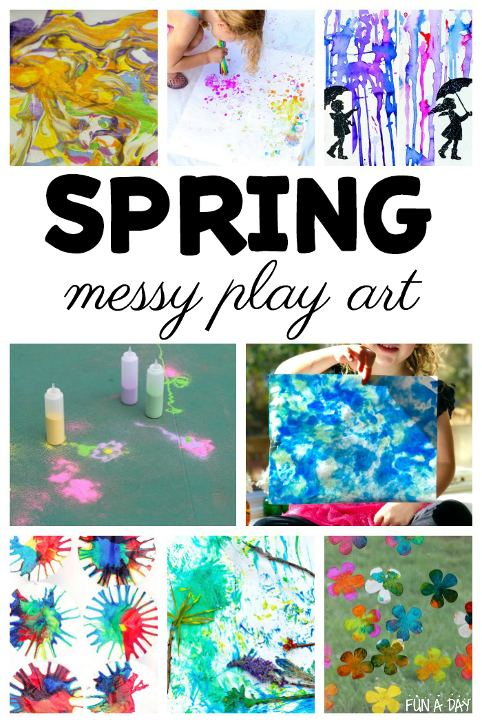 spring art collage with text that reads spring messy play art