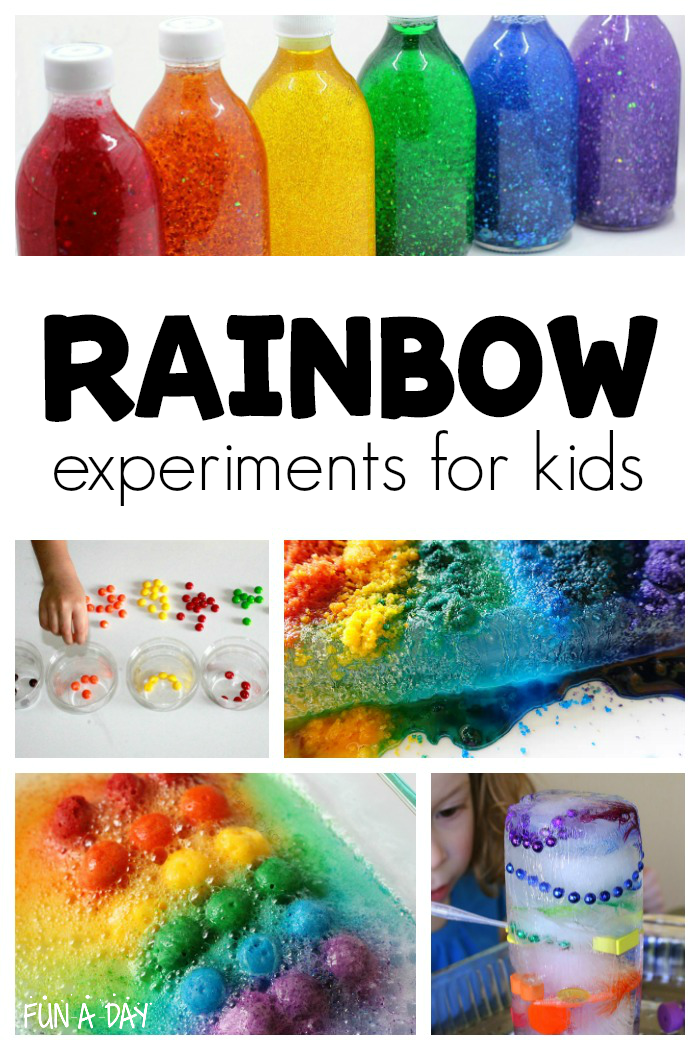 collage of rainbow experiment ideas with text that reads rainbow experiments for kids