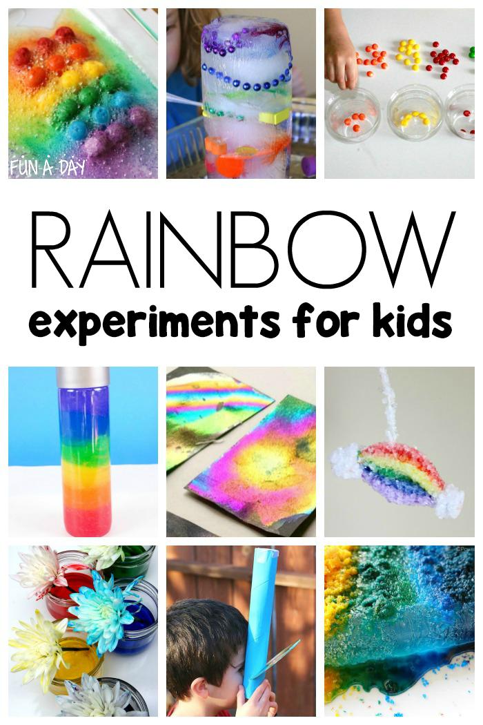 collage of ideas for a rainbow experiment with text that reads rainbow experiments for kids