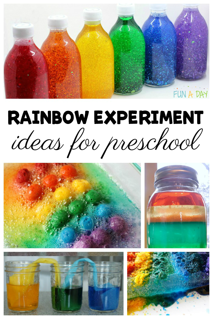 collage of rainbow activities with text that reads rainbow experiment ideas for preschool