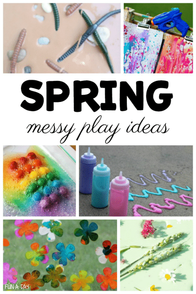 collage of spring activities with text that reads spring messy play ideas