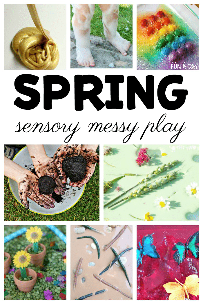 collage of sensory activities with text that reads spring sensory messy play
