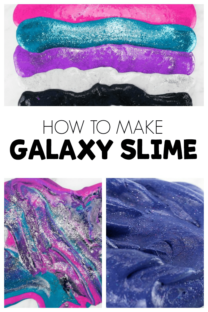 5 colors of slime collage with text that reads how to make galaxy slime