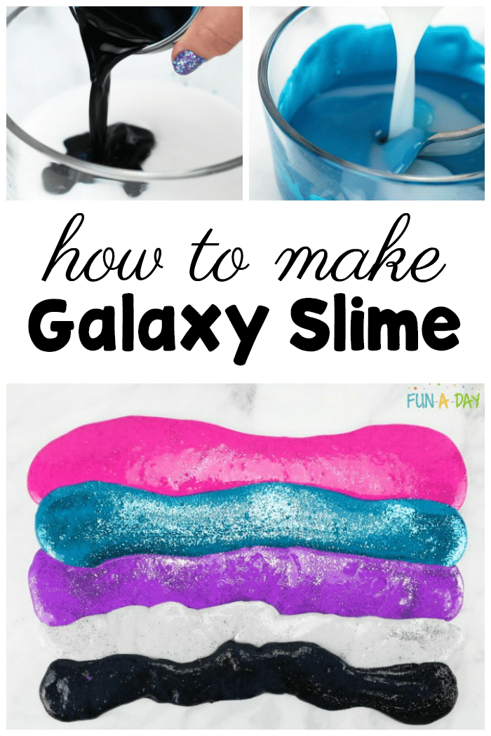pictures of slime making steps with text that reads how to make galaxy slime