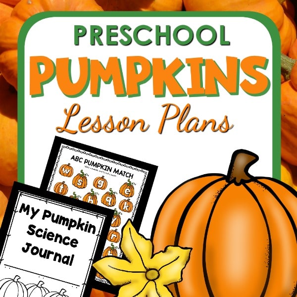 Image of pumpkin printables and pumpkin clip art with text that reads preschool pumpkins lesson plans
