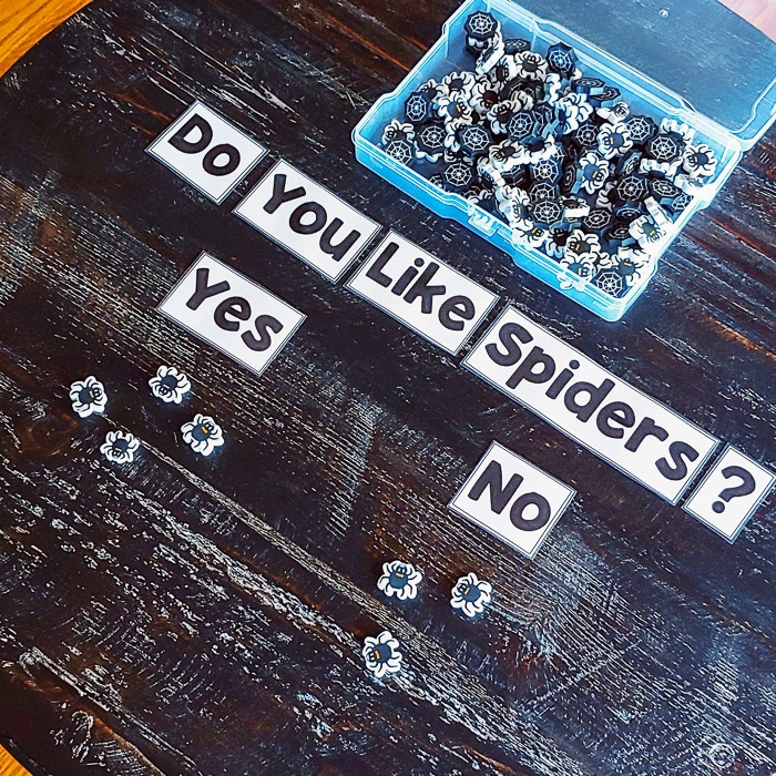 Printable word cards that read do you like spiders? Yes and no word cards underneath. Preschoolers use small spider erasers to answer.
