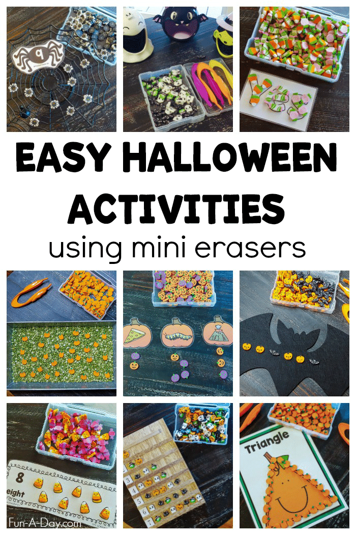 collage of preschool Halloween ideas with text that reads easy halloween activities using mini erasers