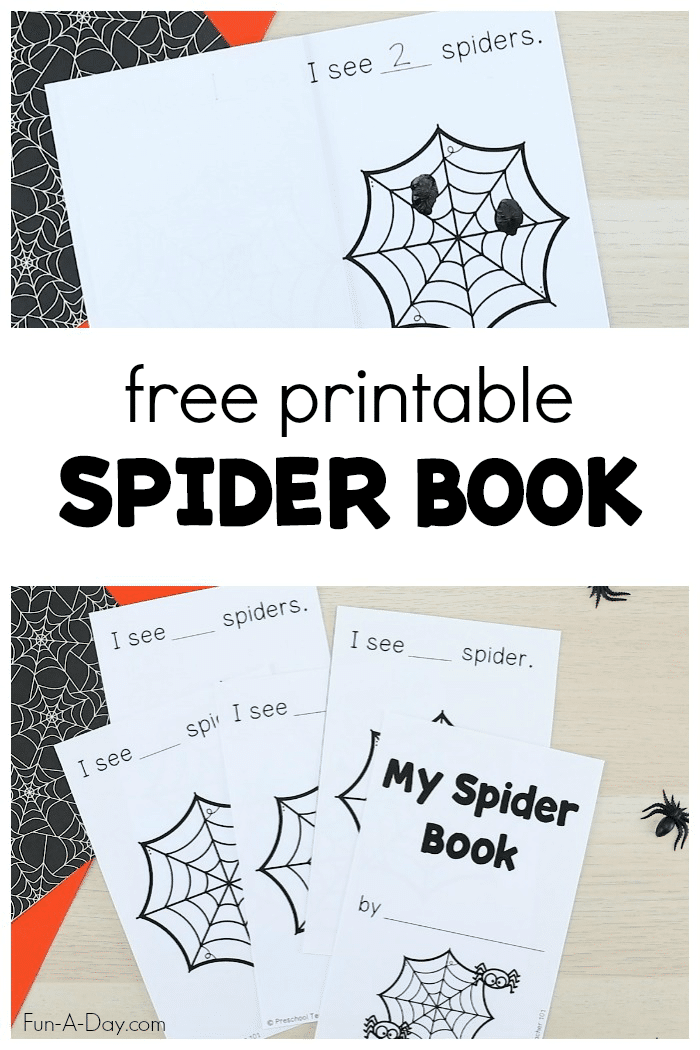 Book pages with text that reads free printable spider book
