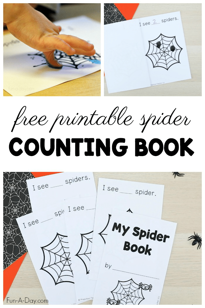 collage of emergent reader pictures with text that reads free printable spider counting book