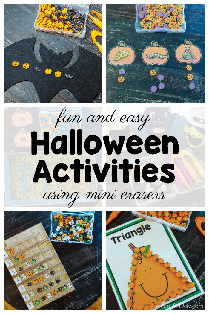 collage of preschool halloween ideas with text that reads fun and easy halloween activities using mini erasers