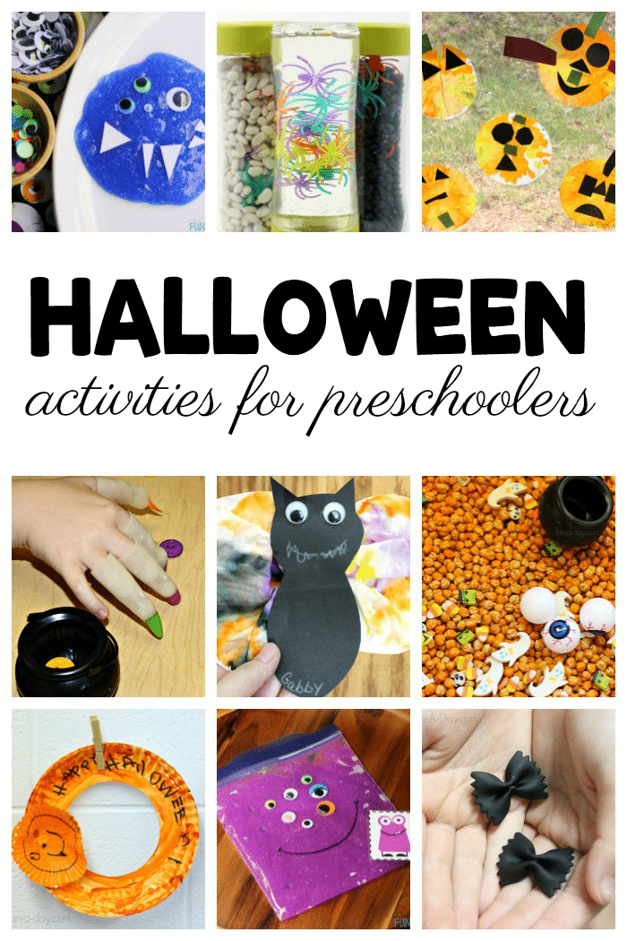 collage of ideas for a preschool halloween theme with text that reads halloween activities for preschoolers