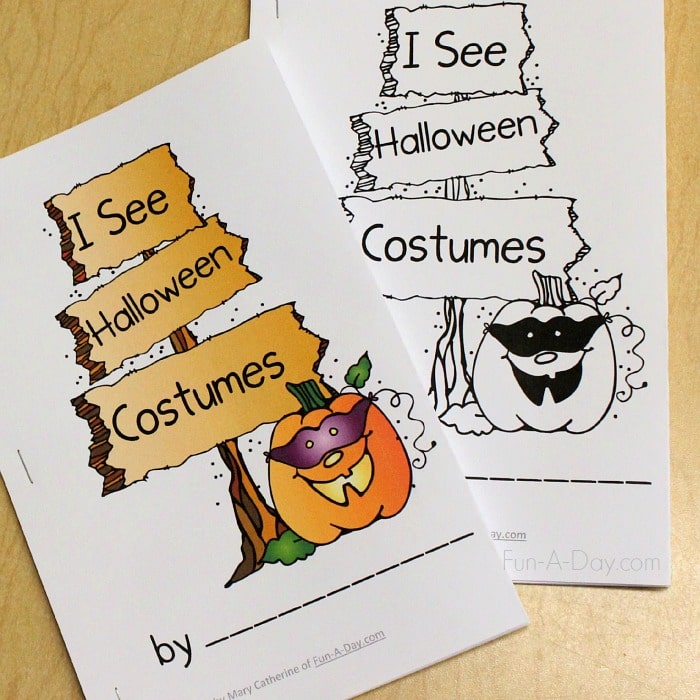 color and black and white printable Halloween books with text that reads I see Halloween costumes