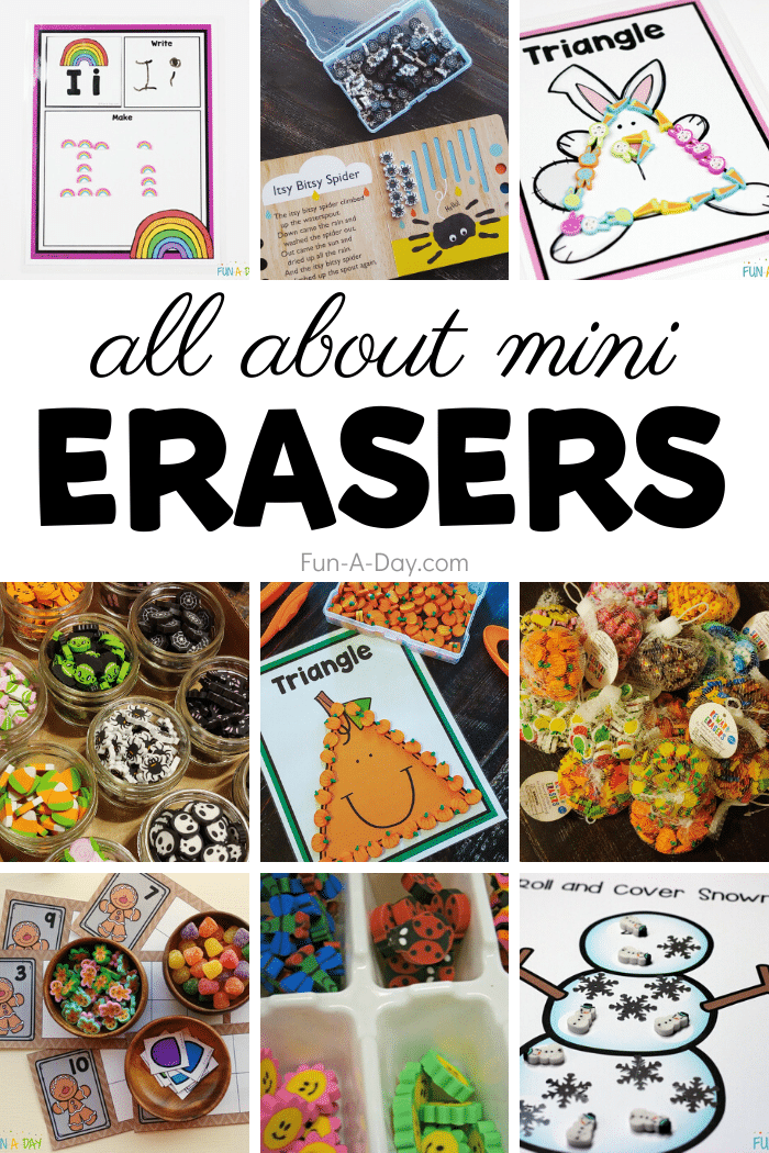 collage of small eraser activities with text that reads all about mini erasers