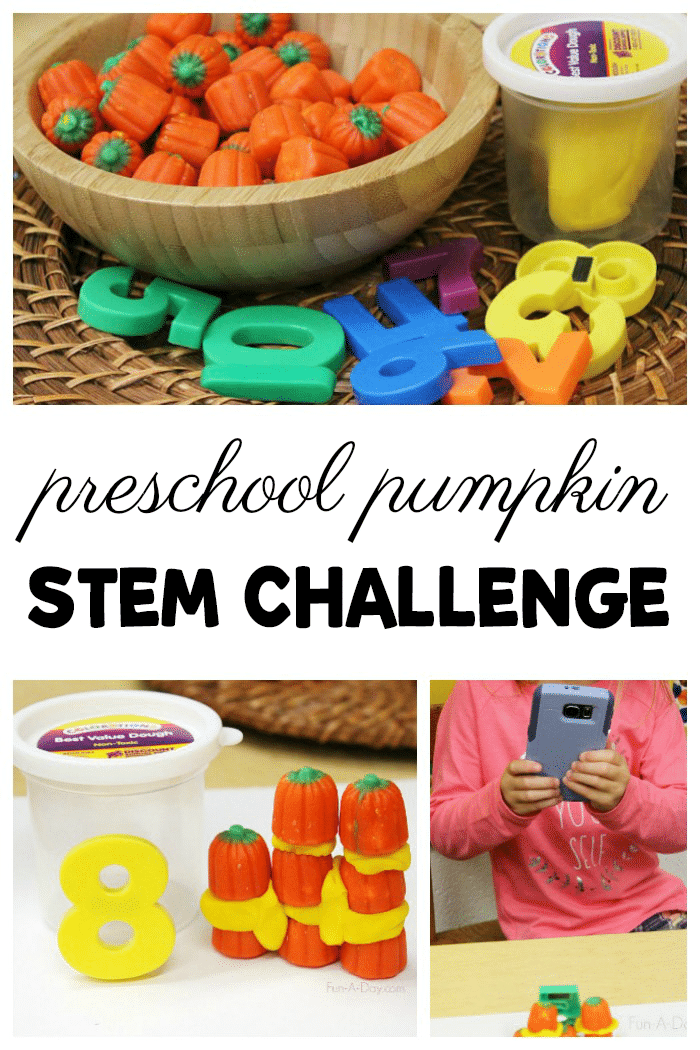 collage of pumpkin math activities with text that reads preschool pumpkin STEM challenge
