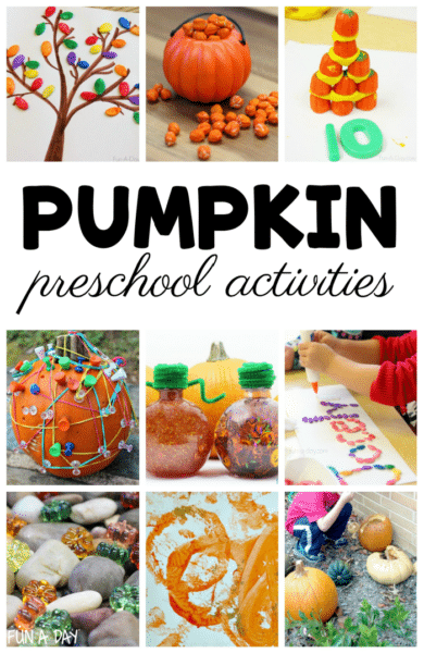 collage of pumpkin idea images with text that reads pumpkin preschool activities