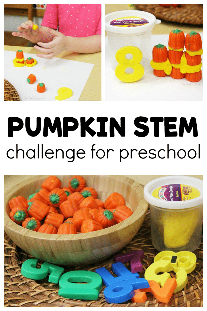 pumpkin activity collage with text that reads pumpkin stem challenge for preschool