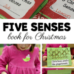 child-made book images with text that reads five senses book for christmas