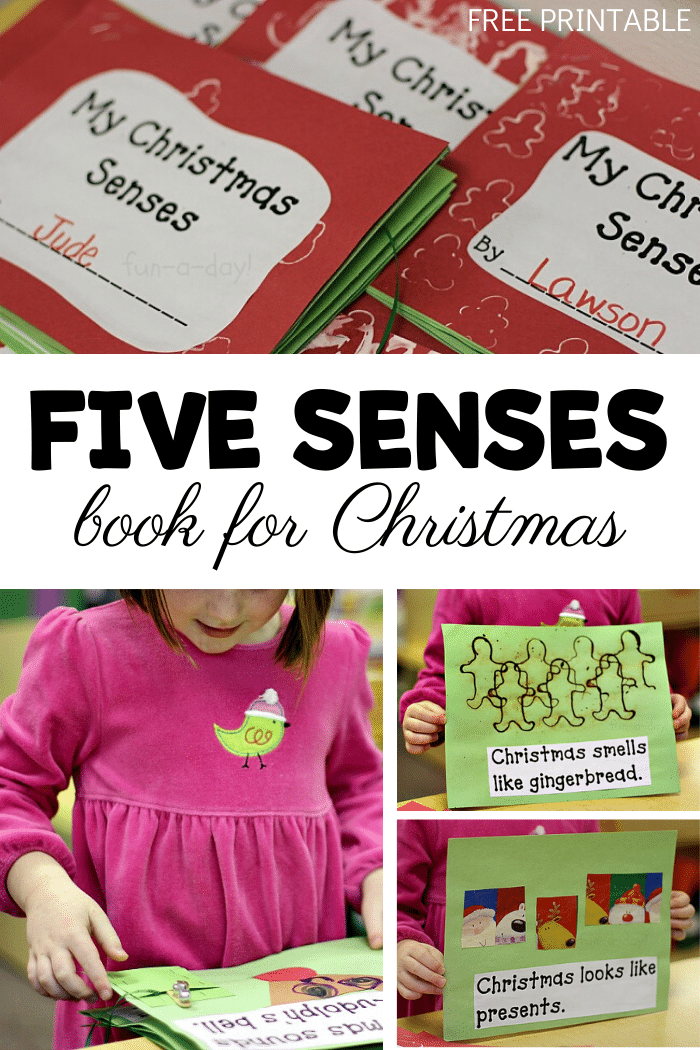 child-made book images with text that reads five senses book for christmas