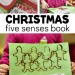 Collage of five senses printable book with text that reads christmas five senses book