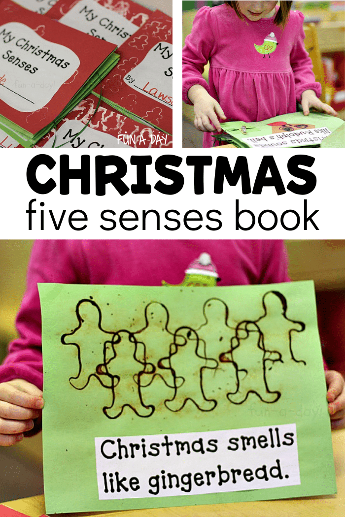 Collage of five senses printable book with text that reads christmas five senses book