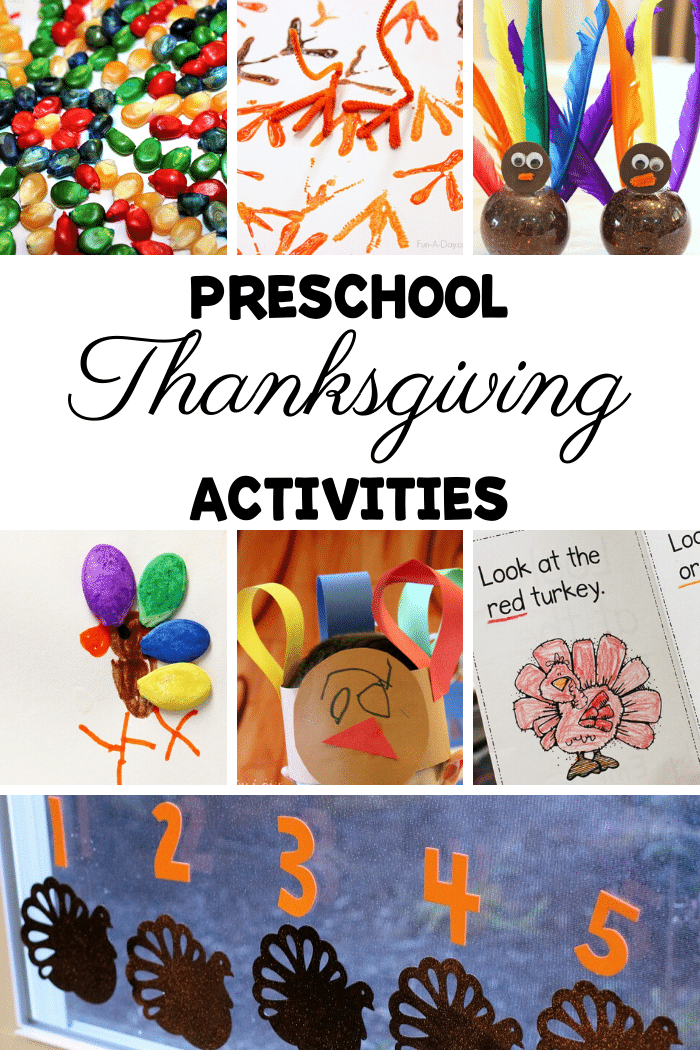 collage of fall ideas with text that reads preschool thanksgiving activities