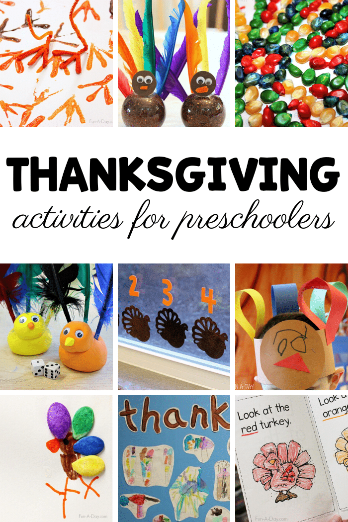 collage of preschool thanksgiving activities with text that reads thanksgiving activities for preschoolers