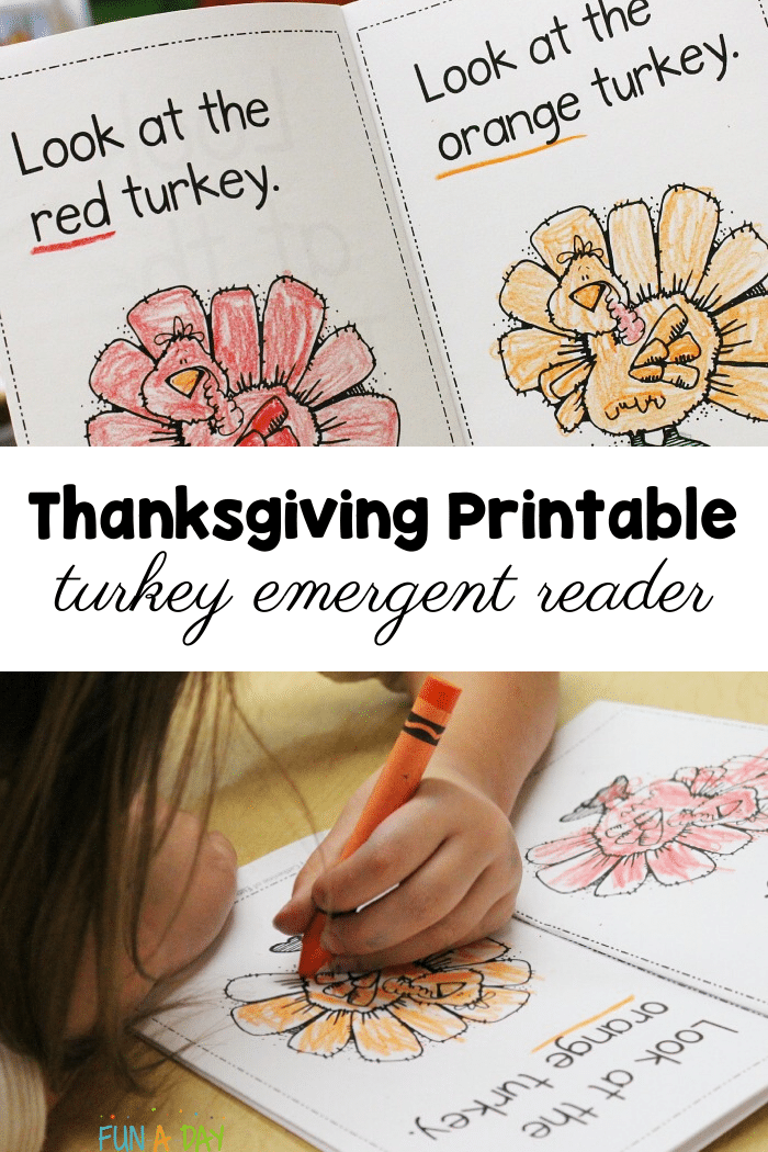 Collage of preschool turkey book with text that reads thanksgiving printable turkey emergent reader.
