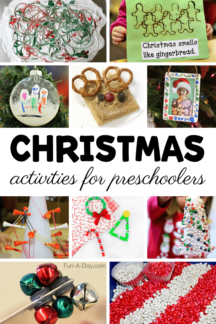 collage of christmas ideas with text that reads christmas activities for preschoolers