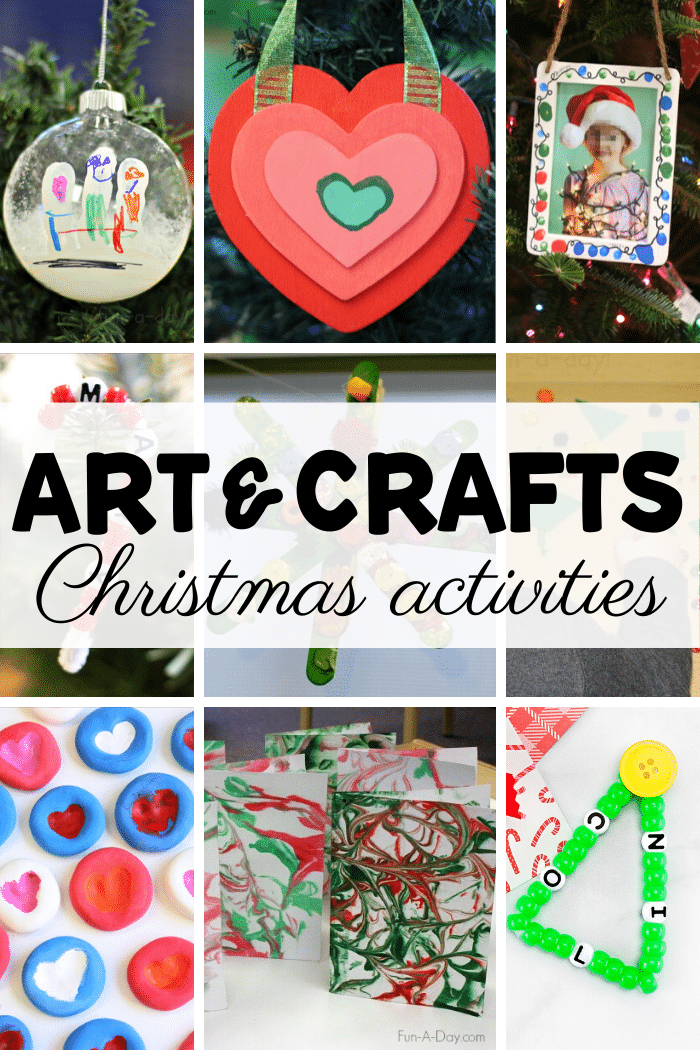 collage of preschool holiday art with text that reads art and crafts christmas activities