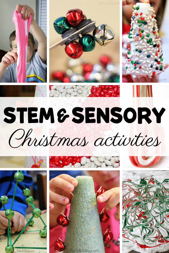 collage of preschool christmas ideas with text that reads stem & sensory christmas activities
