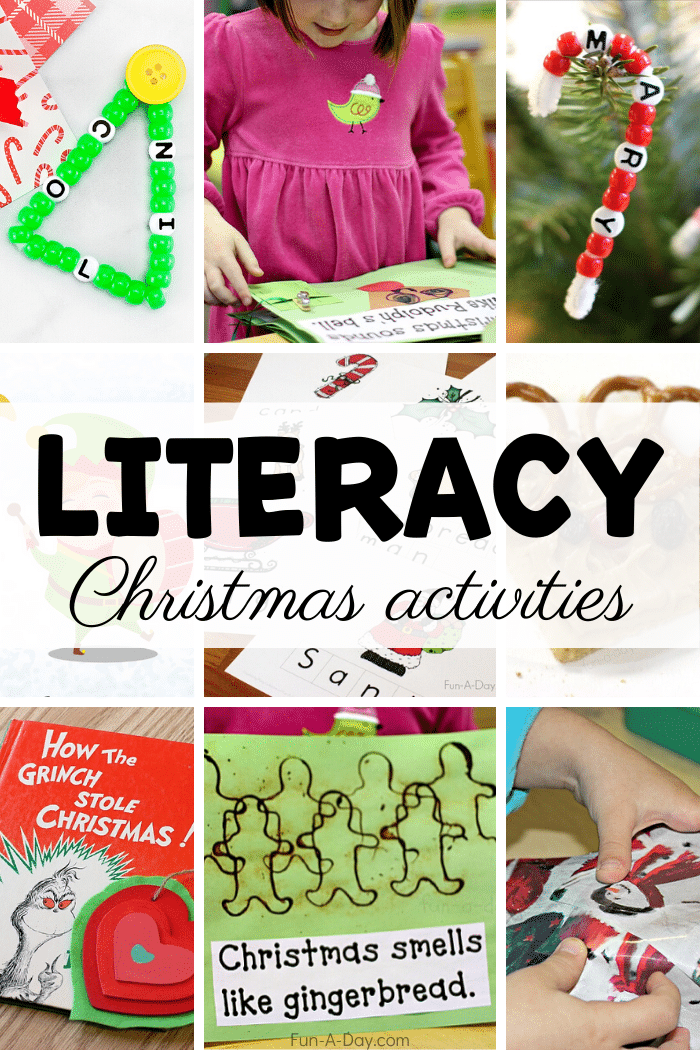 collage of preschool literacy ideas with text that reads literacy christmas activities