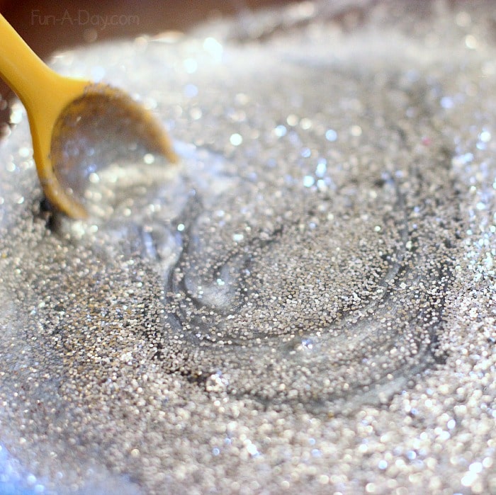 close up of silver glitter used to make silver slime
