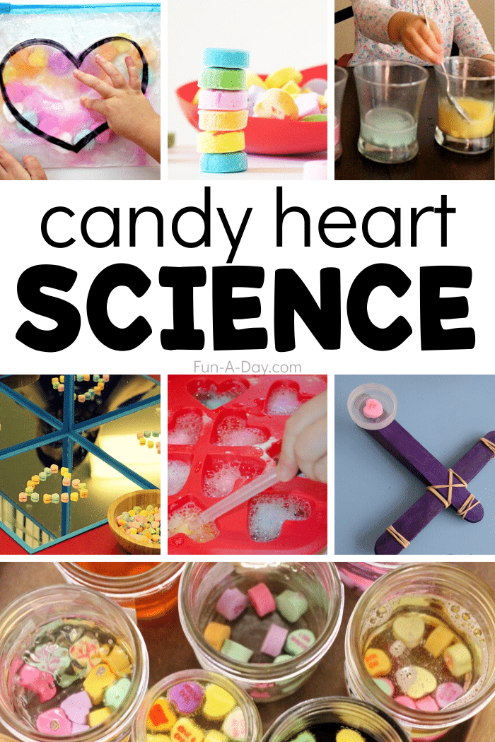 collage of conversation heart science activities with text that reads candy heart science