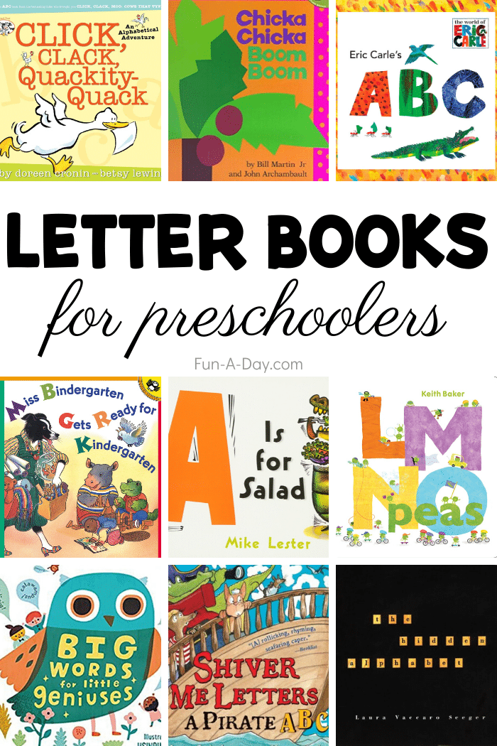 collage of alphabet books with text that reads letter books for preschoolers