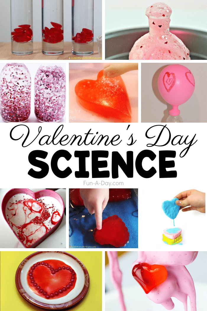 collage of valentine science ideas with text that reads Valentine's Day science