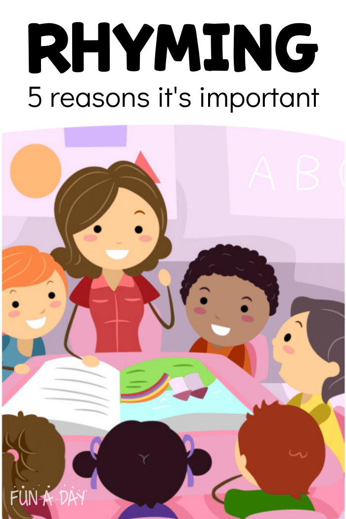 Cartoon illustration of teacher and preschoolers reading together with text that reads Rhyming 5 reasons it's important