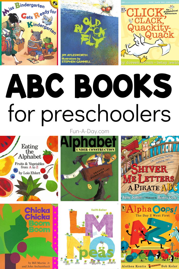 collage of alphabet books with text that reads abc books for preschoolers