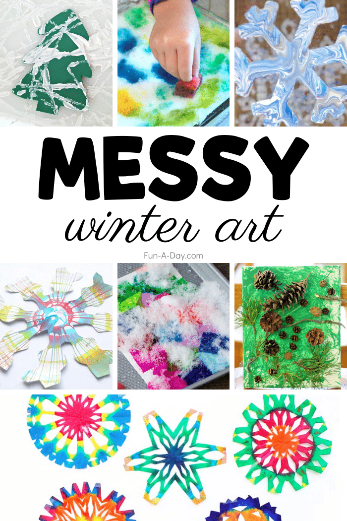 collage of winter art activities with text that reads messy winter art