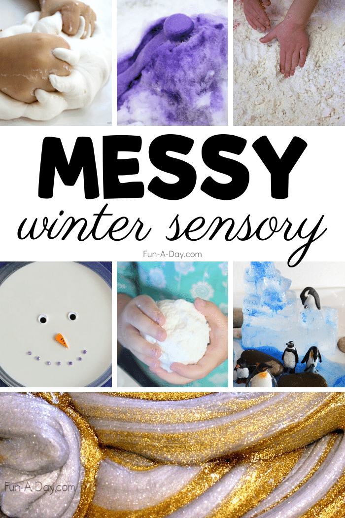collage of winter activities with text that reads messy winter sensory