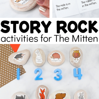 collage of mitten story stones with text that reads story rock activities for the mitten
