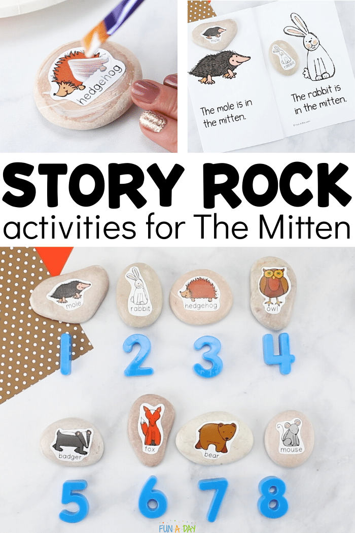 the mitten story stone collage with text that reads story rock activities for the mitten