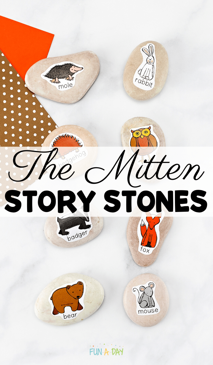 story rocks with text that reads the mitten story stones