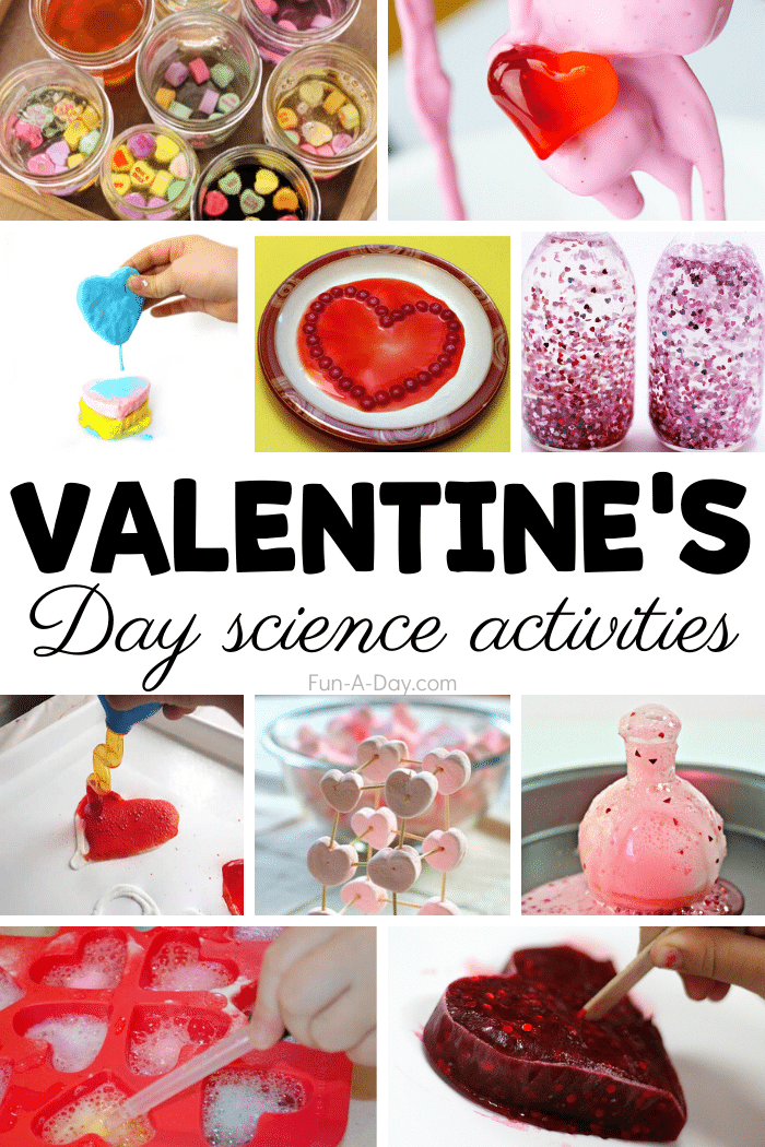 collage of valentine ideas with text that reads Valentine's Day Science Activities