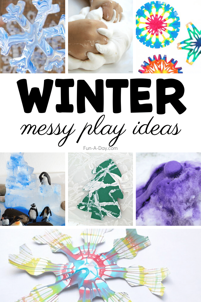 collage of winter activities for kids with text that reads winter messy play ideas
