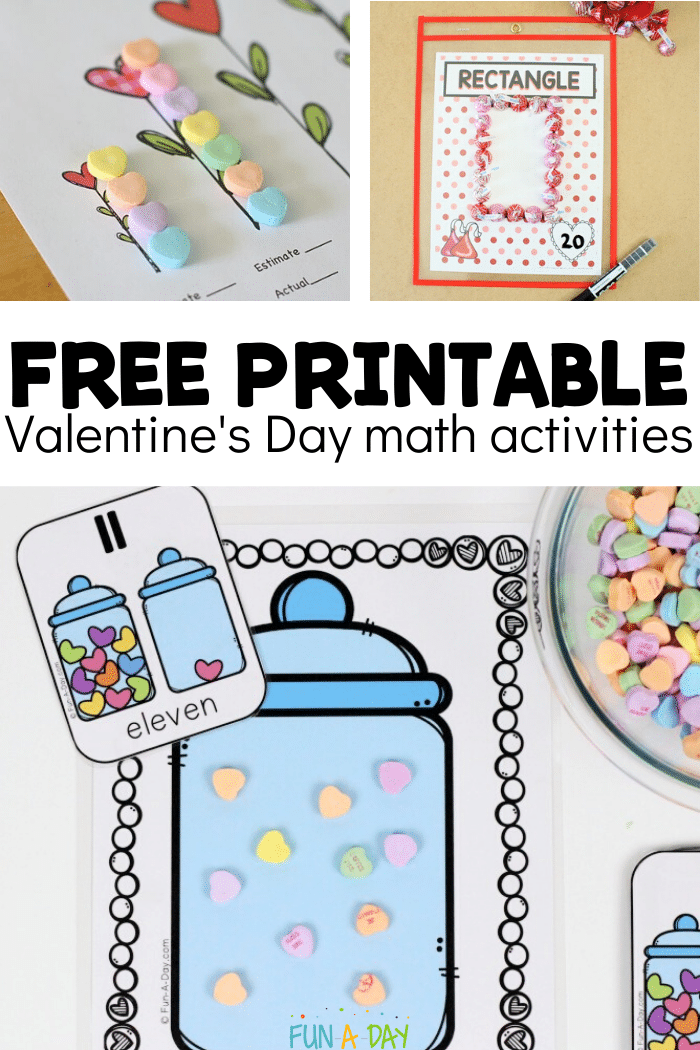 collage of math activities with text that reads free printable valentine's day math activities