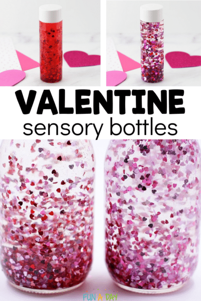 collage of heart glitter jars with text that reads valentine sensory bottles