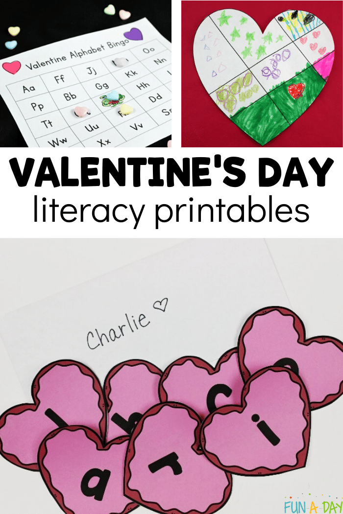 3 valentine pictures with text that reads valentine's day literacy printables