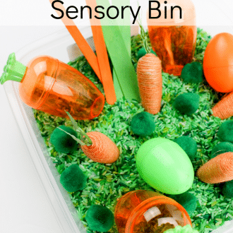bin filled with dyed green rice, toy carrots, green pompoms, orange and green plastic eggs with text that reads carrot garden sensory bin