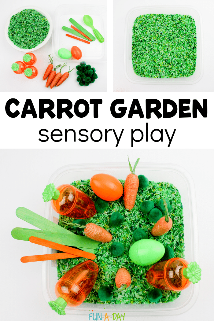 step by step photos for making carrot sensory bin with text that reads carrot garden sensory play