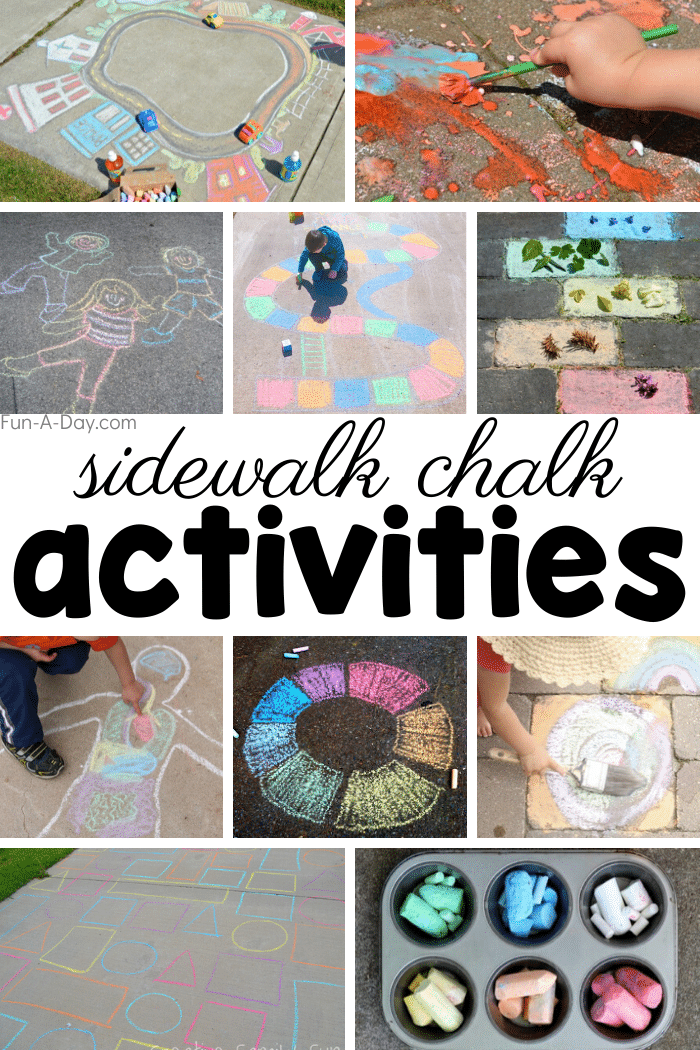 collage of chalk ideas with text that reads sidewalk chalk activities